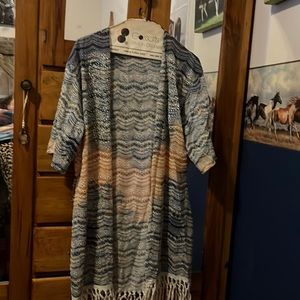 Boutique blue and yellow open cardigan/poncho with fringe and bling